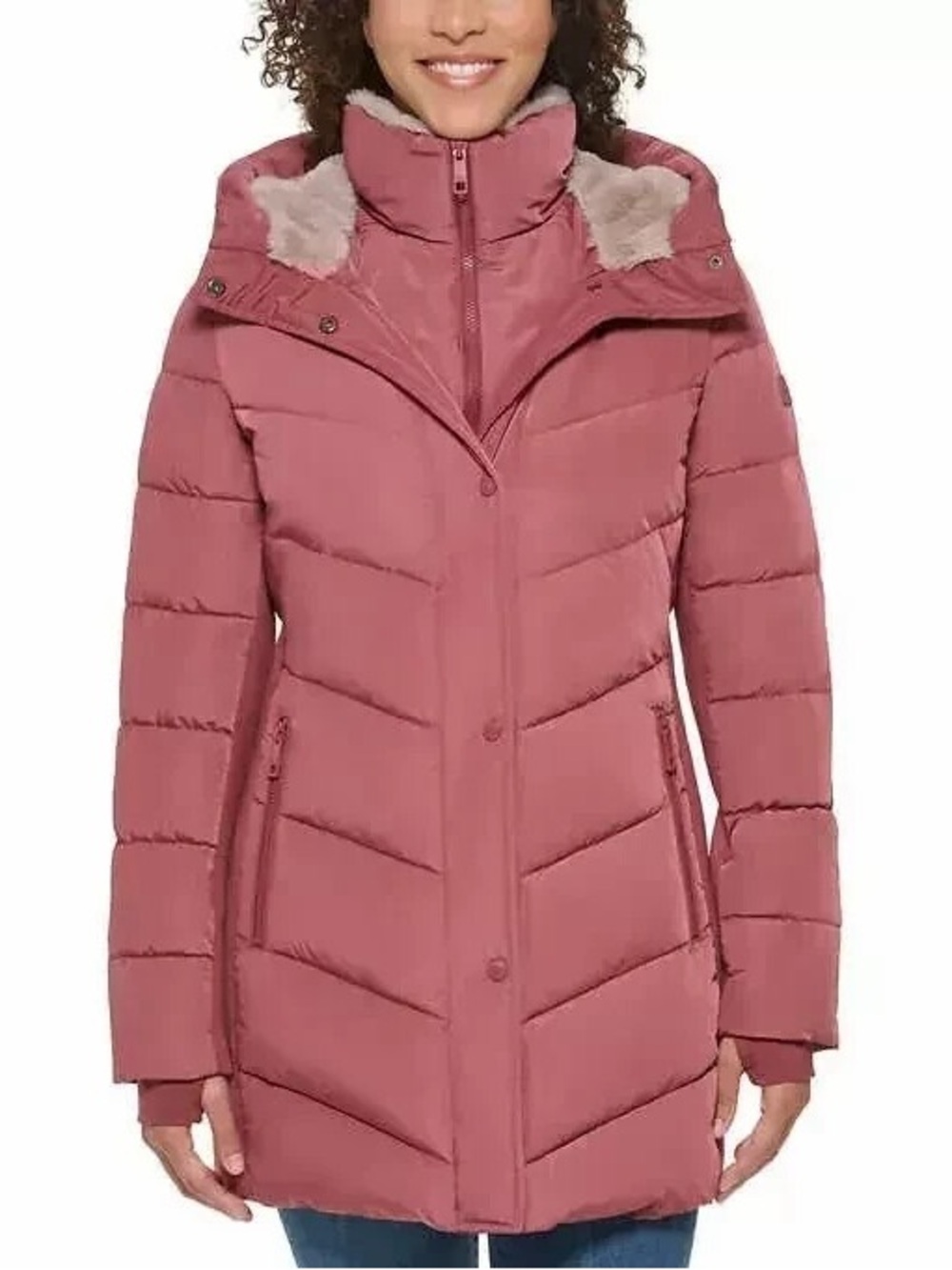 Andrew Marc Women's Terra Rose Warm Puffer Coat with Faux Fur Hood